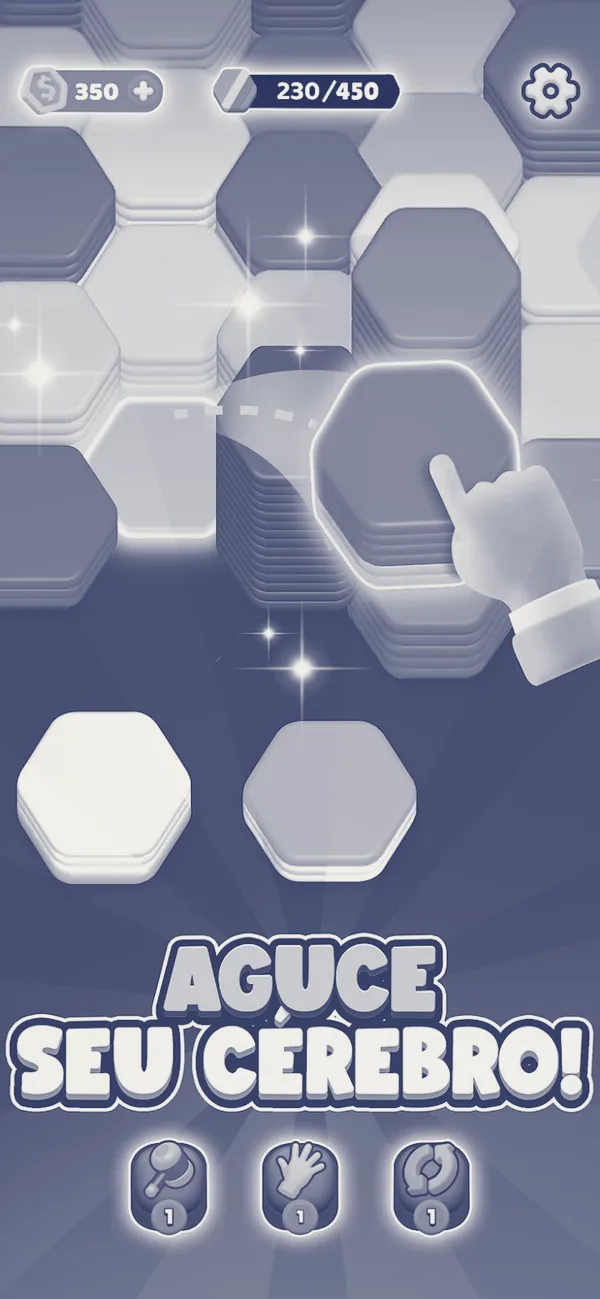 Tabuleiro do Hexa Sort com pilhas de hexágonos coloridos