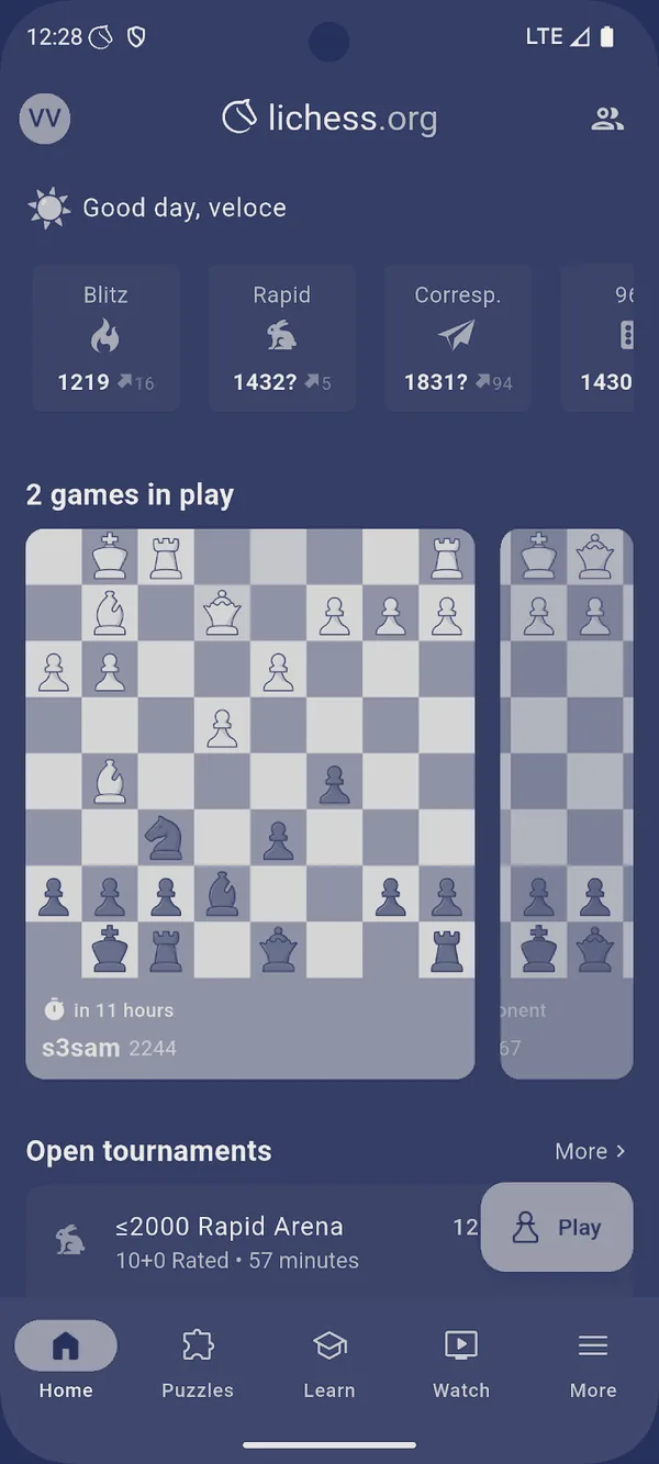 Tabuleiro do Lichess com o relógio de partida a contar