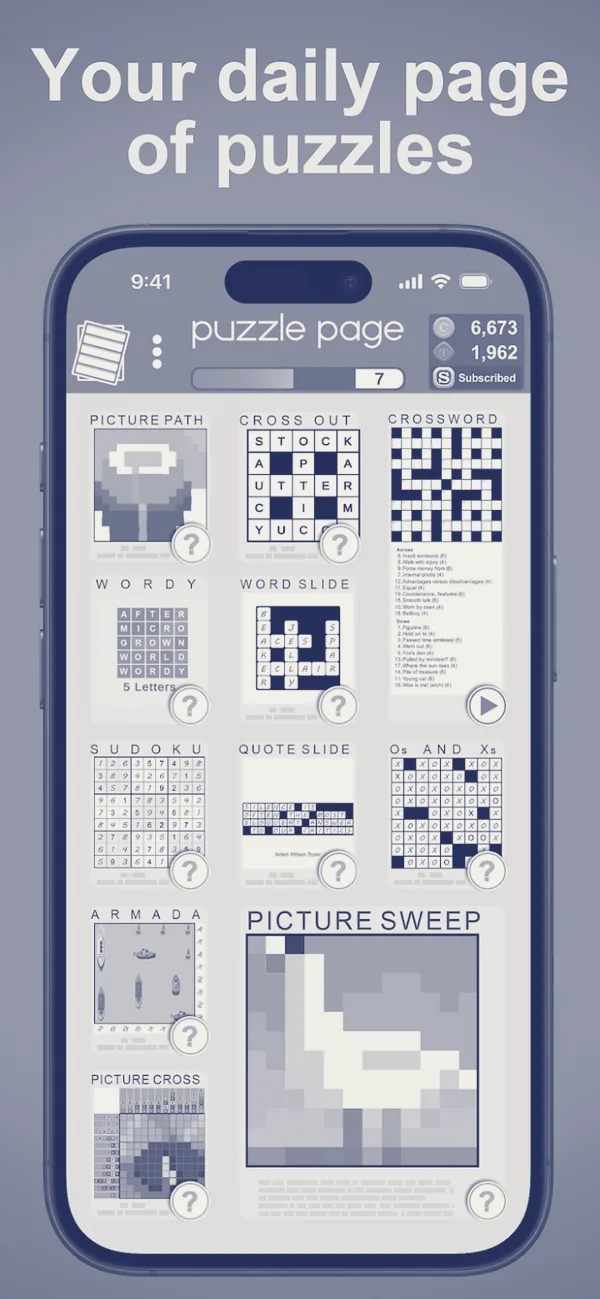Menu do Puzzle Page com os passatempos do dia