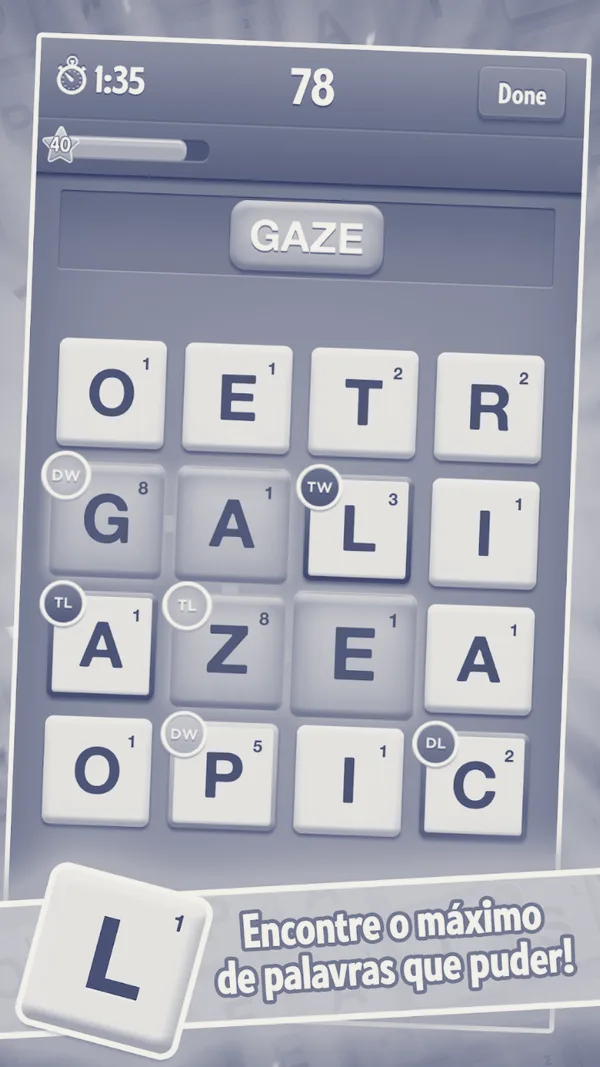Tabuleiro de letras do Ruzzle com um caminho de palavra marcado