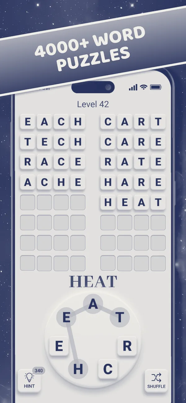 Roda de letras do Word Trip com cinco letras disponíveis